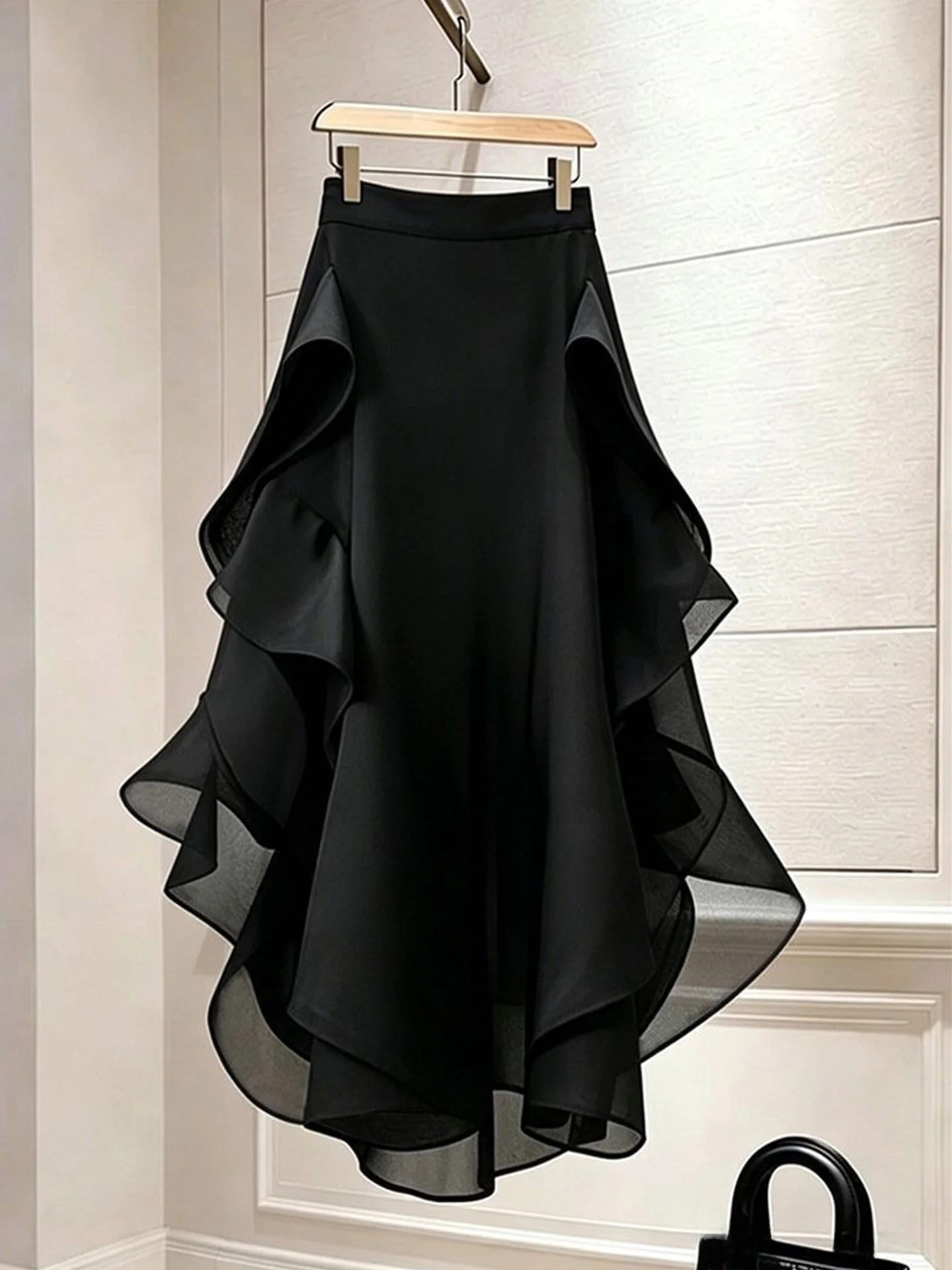 Elegant Black Asymmetrical Hem Blouse Women's Skirt Fashionable Midi Skirt Breathable Skin-friendly Summer New Style