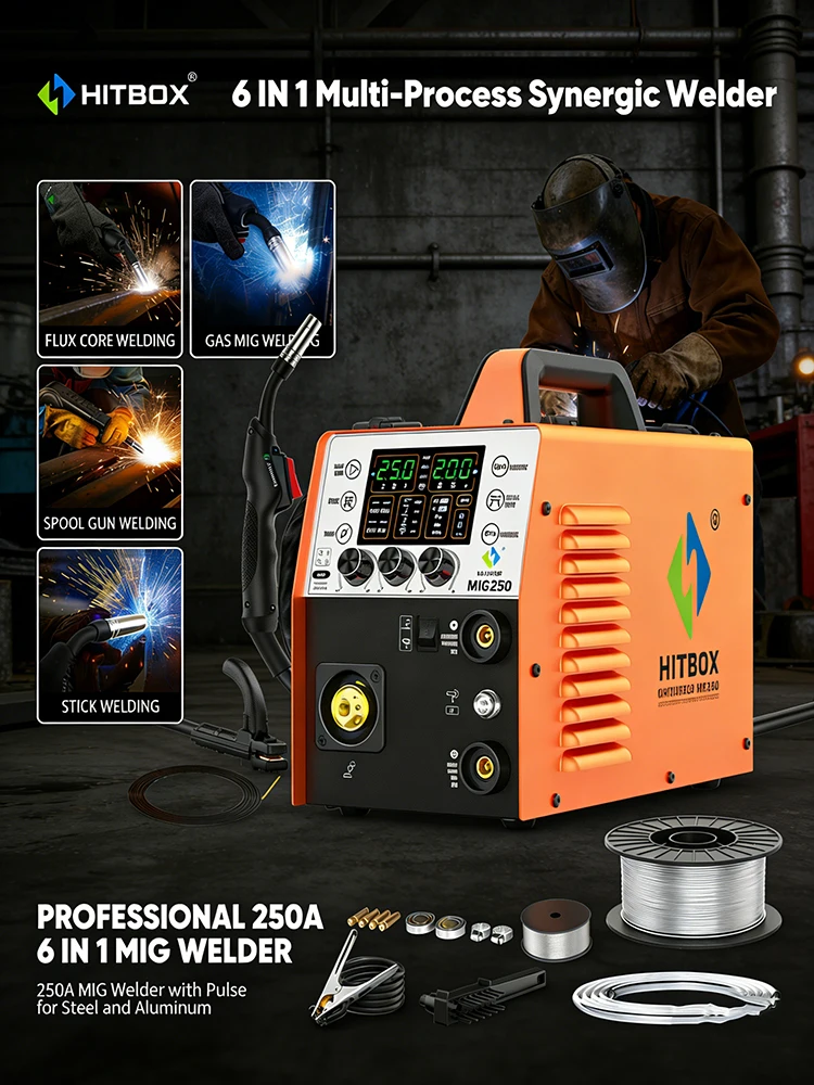 HITBOX MIG250 6-in-1 MIG-Schweißgerät mit Pulsfunktion für Stahl, Aluminium, Elektrodenschweißen (MMA ARC), Fülldraht-/Gas-MIG, Lift-TIG, Spool Gun, Multiprozess-Synergisches Schweißgerät 220V