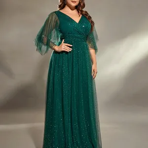 Mgiacy-V-Neck Cross Plisados Breast Dress Night, Long Sleeve, Fillet Netting, a Full Skirt, Night Dress, Party Dress, Plus Size 10 Main Sales Long Plus Size Dress - №4