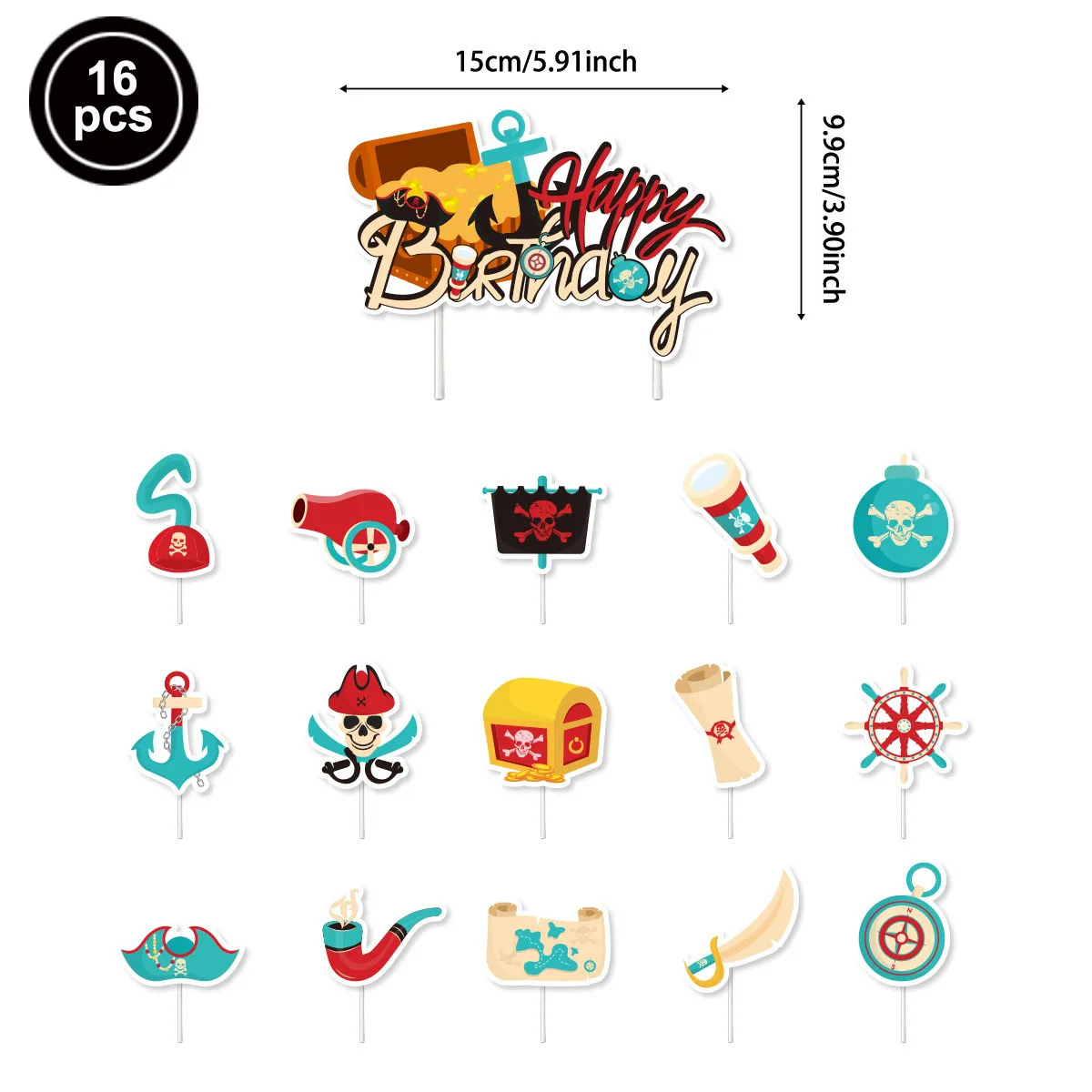 Pirate Party Birthday Cake Decor Happy Birthday Cake Topper Skull Ship Treasure Chest Cupcake Toppers Pirate Nautical Theme Deco view 6