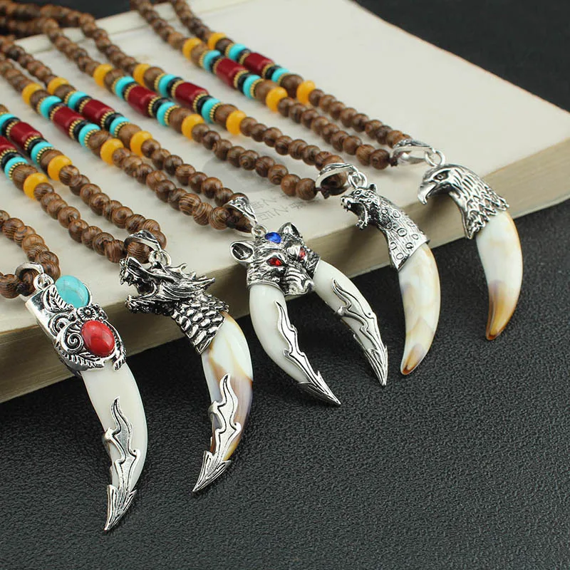 Handmade Nepal Buddhist Mala Wood Beads Pendant Necklace Boho Hippie Style Ethnic wolf tooth Pendant Men Women Lucky Jewelry