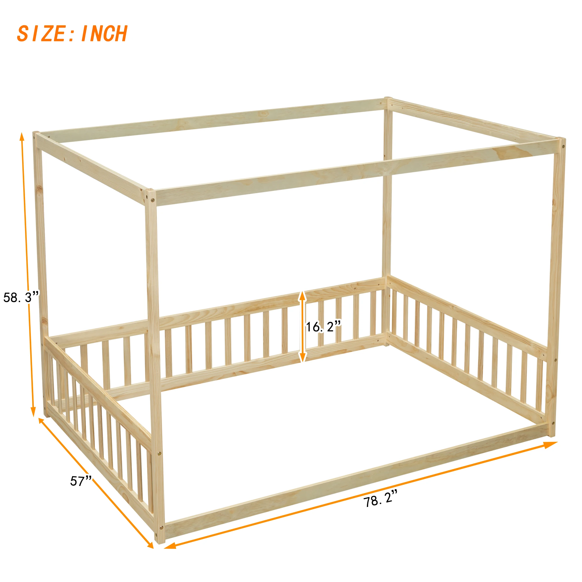 Full Size Canopy Frame Floor Bed with Fence, Guardrails