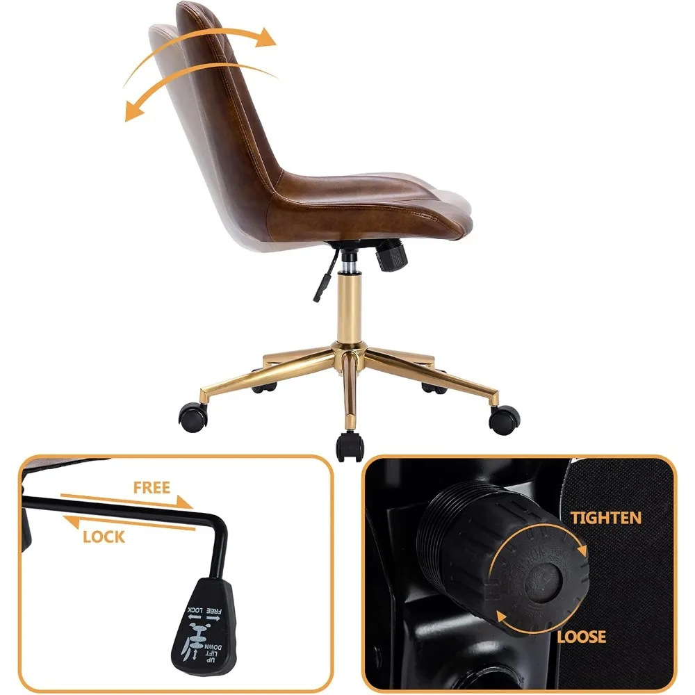 كرسي دوار معاصر من جلد البولي يوريثان مع قاعدة ذهبية لمكتب المكتب المنزلي باللون البني الأصفر #4