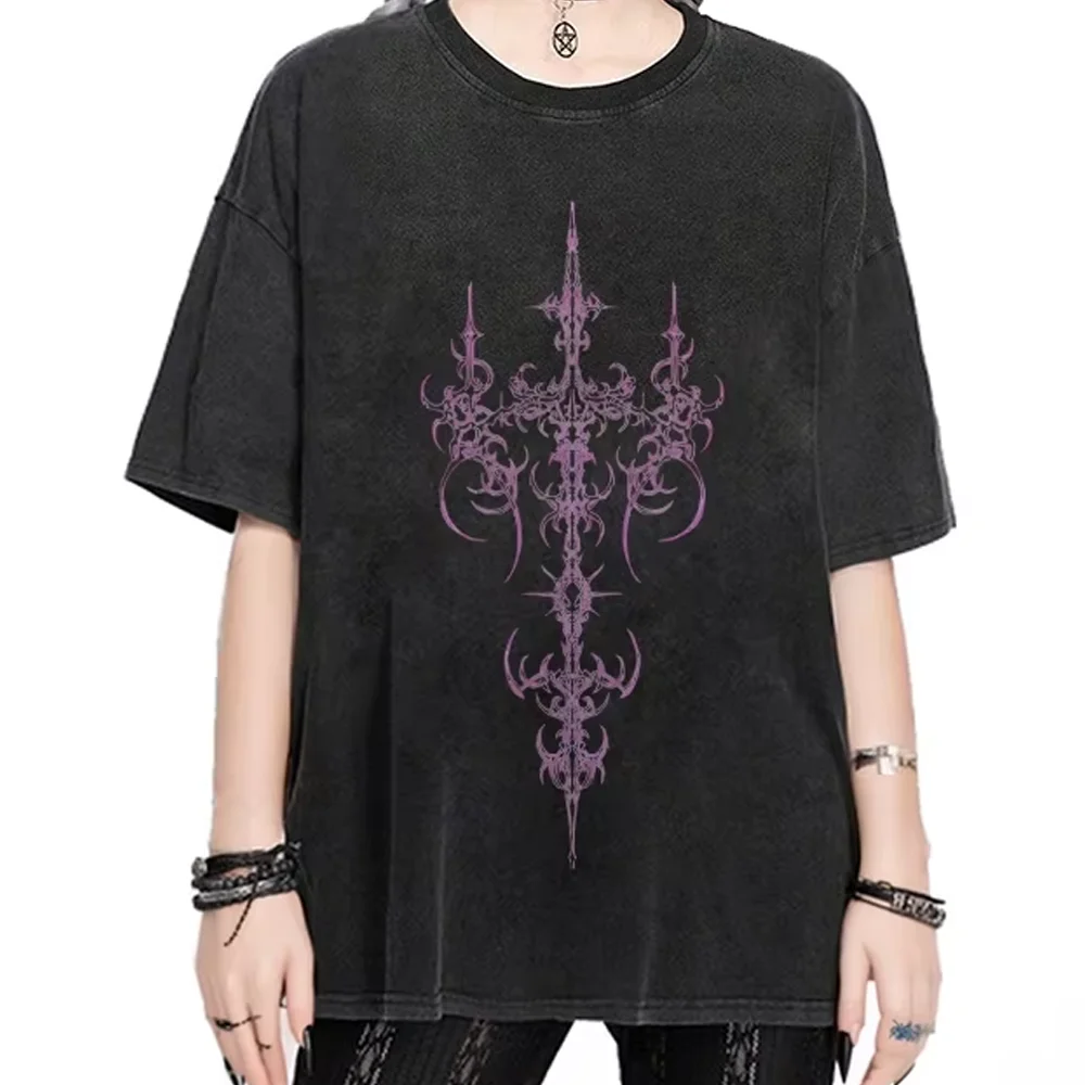 

Y2K Graphic T-shirt Purple Cross Tee All Cotton High Quality Oversize Washed Tee Ornate Cross Print Mystical Y2K Trend Gothic