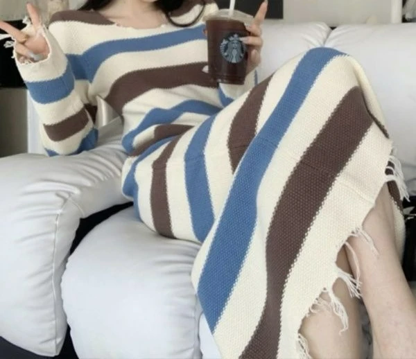 2025 vestido de malha listrado bloco de cores para mulheres outono e inverno fino ajuste camada interna bodycon vestido base camada fenda vestido longo