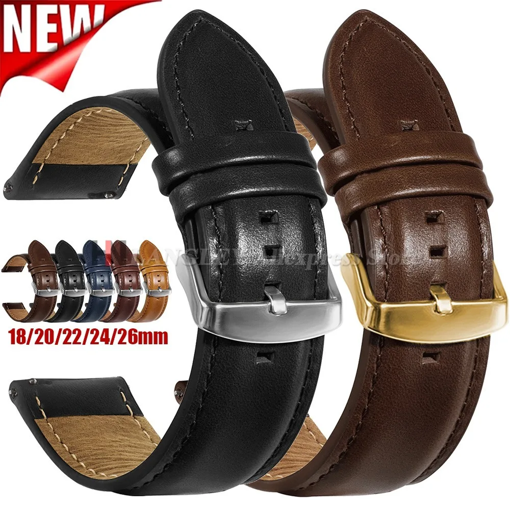 Bracelets de montre en cuir véritable avec boucle ardillon, 18mm, 20mm, 22mm, 24mm, 26mm, pour DW, pour Seiko, marron, accessoires de bracelet à dégagement rapide