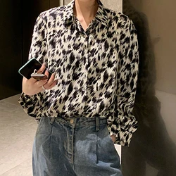 Oversized Vintage Leopard Print Women Shirt Spring Summer Long Sleeve Lapel Single-breasted Casual Blouse Y2K Fashion Streetwear