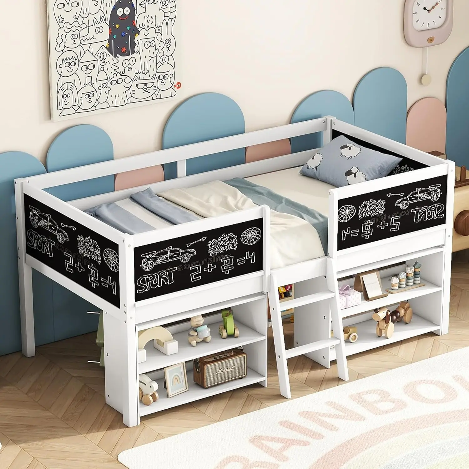 Twin Size Low Loft Bed With Movable Shelves For Kids,Kids Low Loft Bed Frame With Guardrail Chalkboard And Storage,Solid Wood