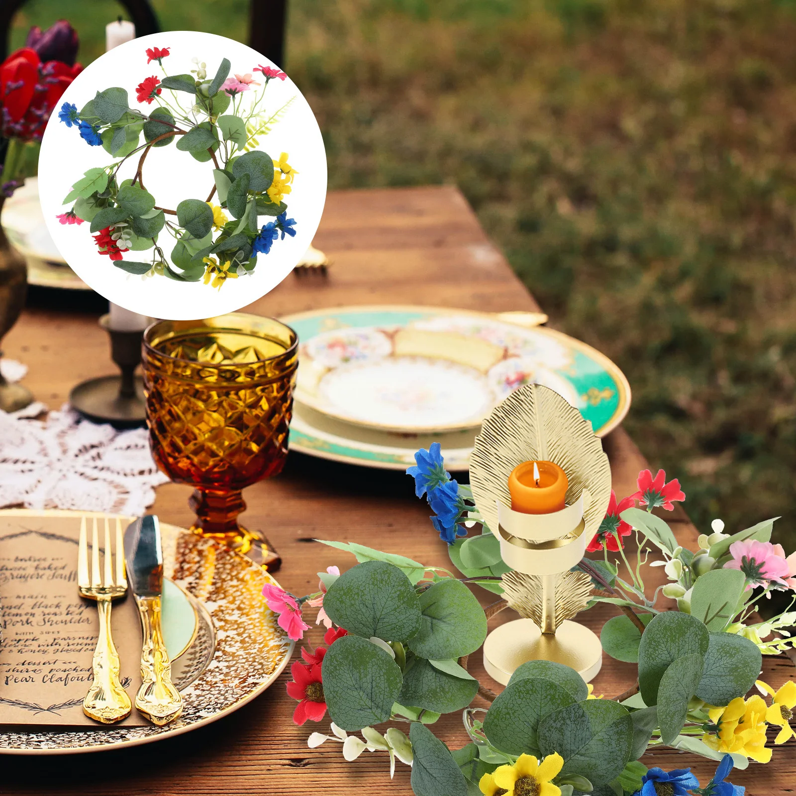 

2Pcs Small Green Wreath Rings Decorative Floral Ring for Table Centerpiece Photo Prop Holiday Party Home Decoration