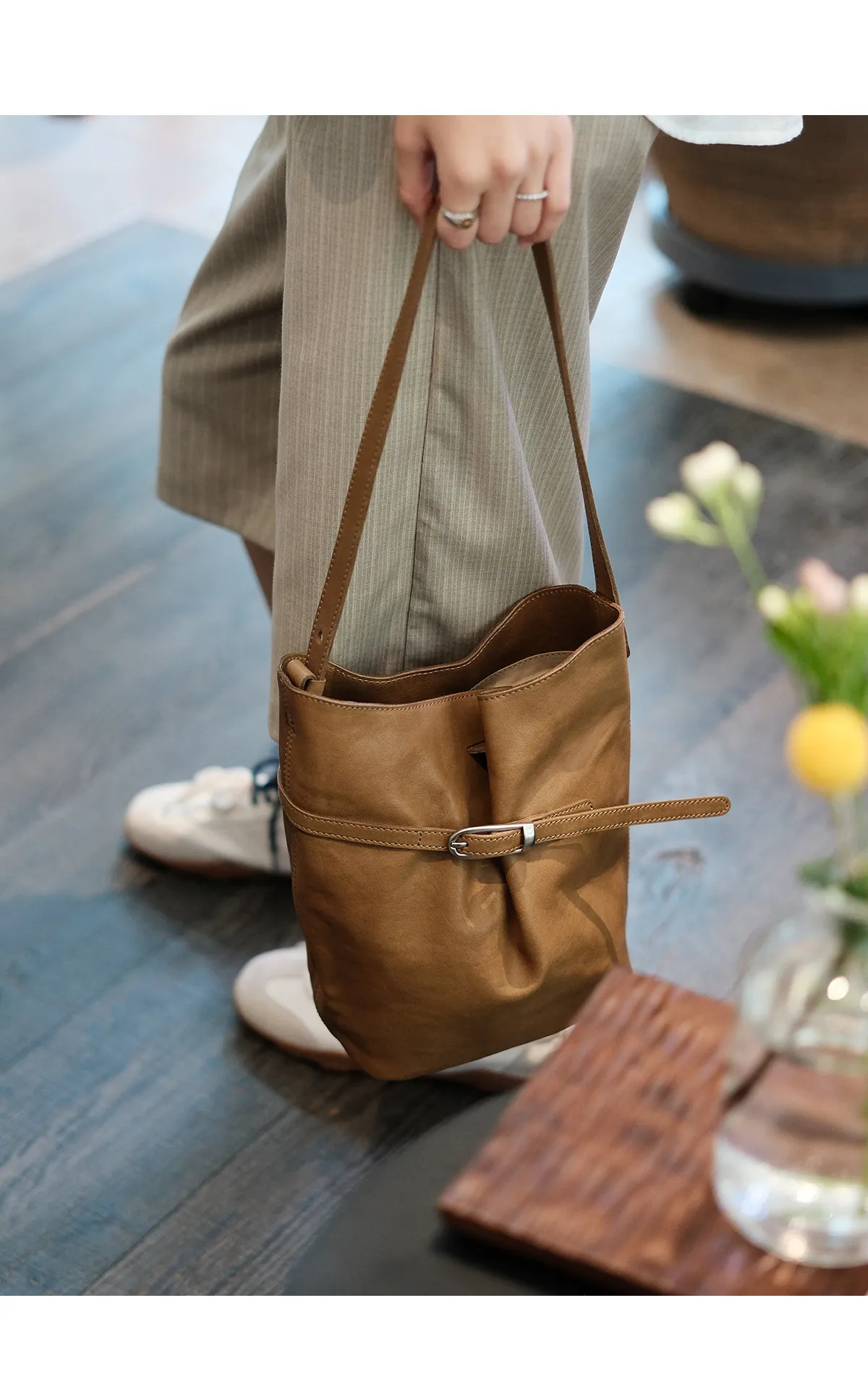 PNDME Vintage Designer Damen Schultertasche aus hochwertigem Rindsleder, lässige Luxus Echtleder Damen Bucket Bag – Detail 8