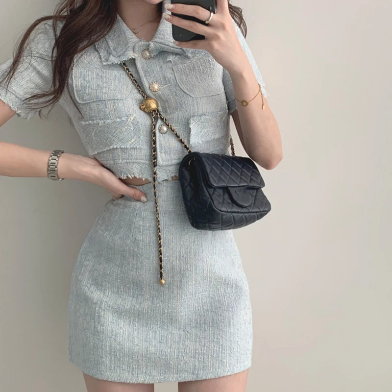 

Chic High Waist Tassel Trim Jaet with A-Line Skirt Women's Faion Set Cotton Material Spring Season Collection