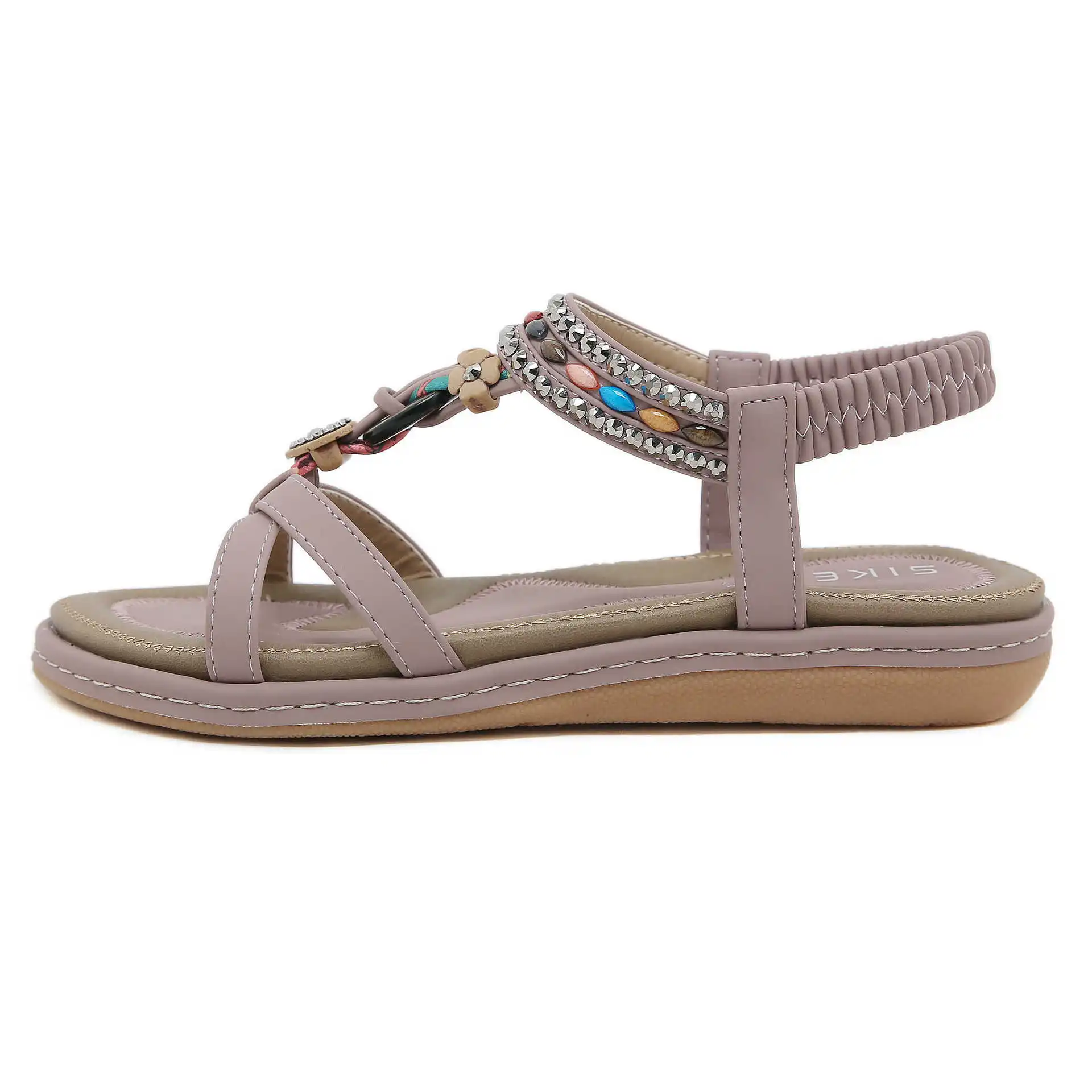 2024 Shoes for Women Plus Size 36-42 Summer PU Elastic Band Flat Toe Round Bohemia Beaded Comfortable Retro Wedges Beach Sandals