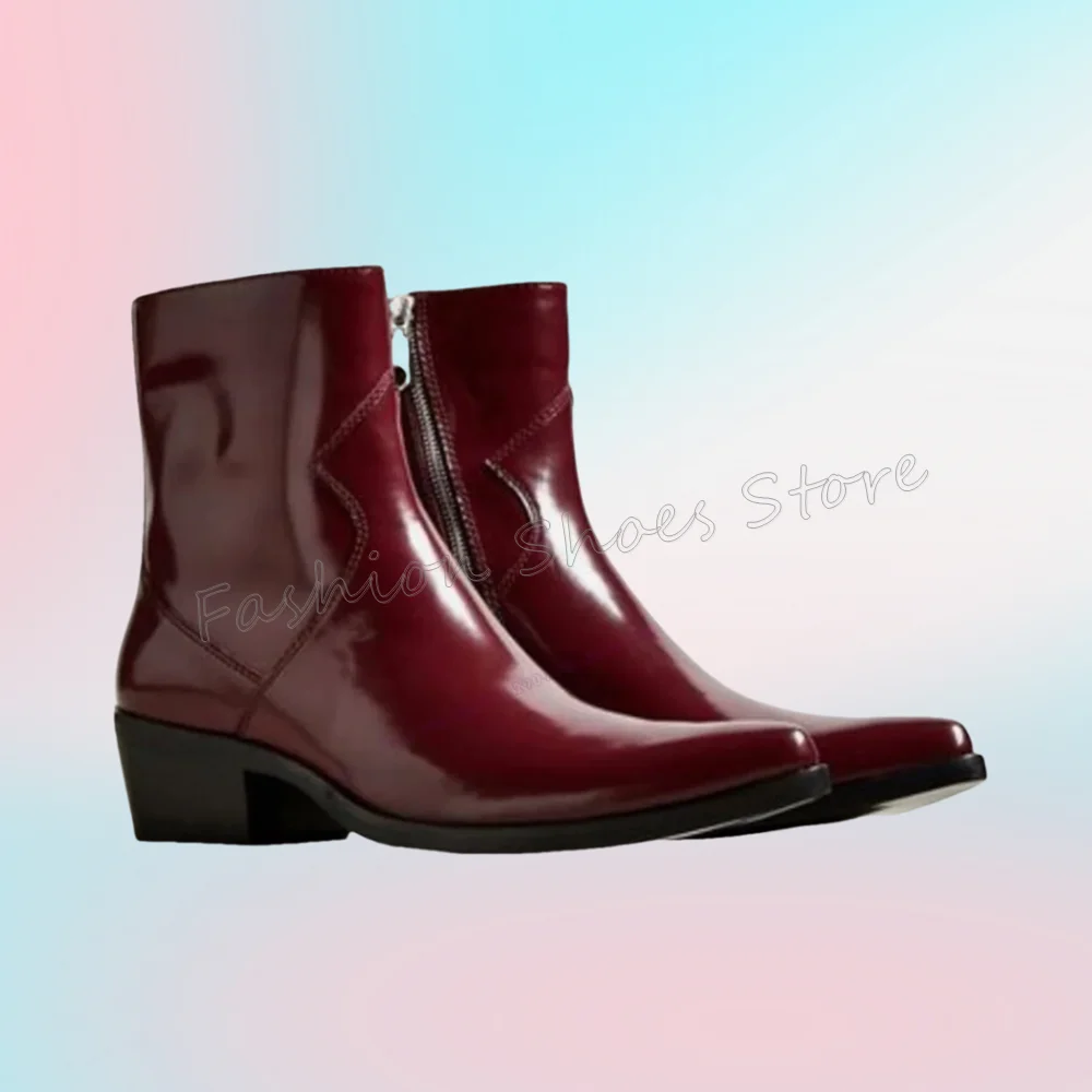 

Red Patent Leather Men's Chelsea Boots Pointed Toe Chunky Heels Runway Shoes for Men Handmade Luxury Shoes Zapatos Para Hombres