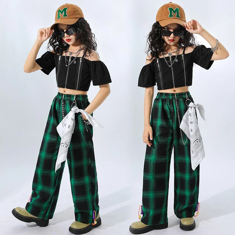 Kids Teen Kpop Hip Hop Clothing Crop Top Off shoulder T Shirt Casual Streetwear Cargo Pants for Girl Jazz Dance Costume Clothes