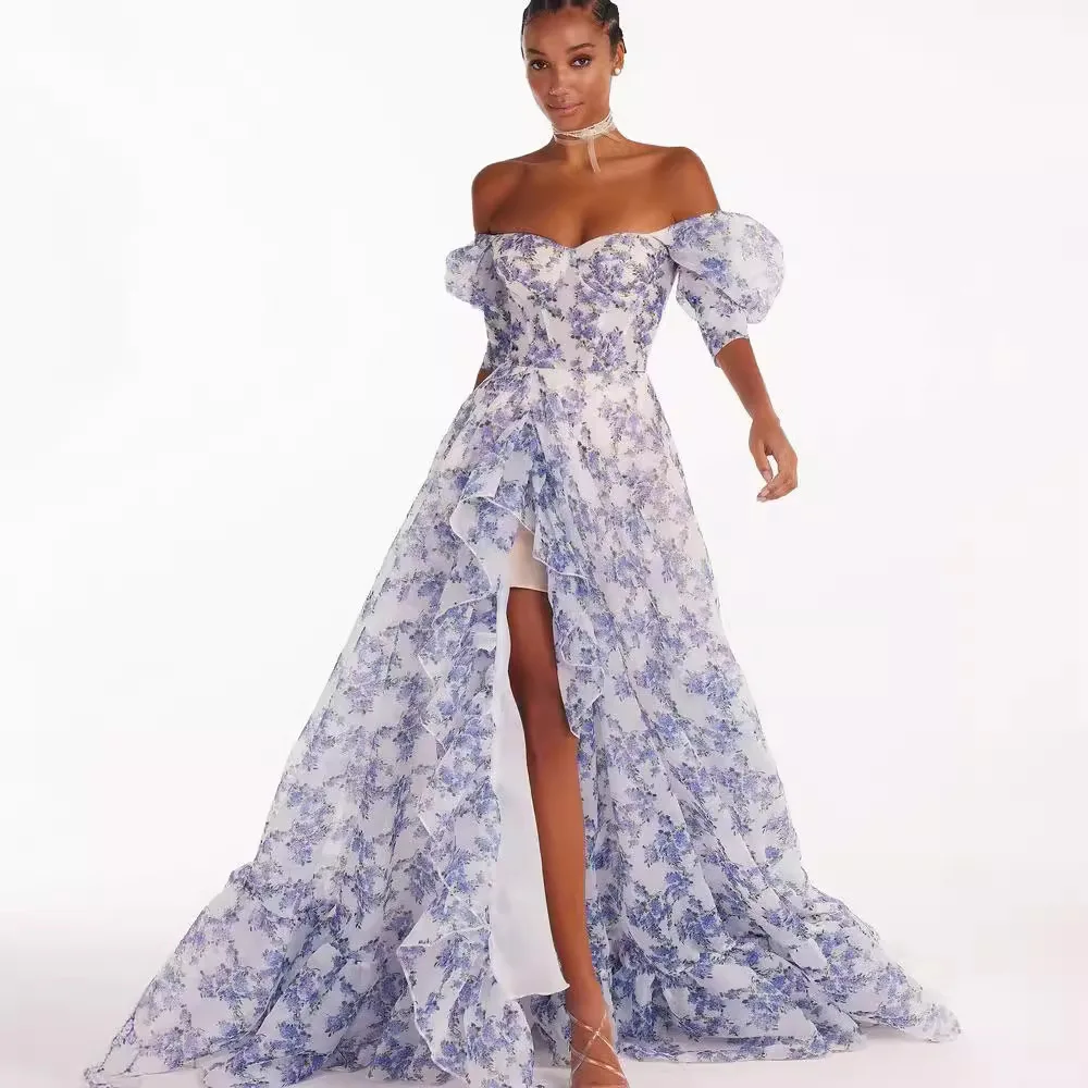 

Glamorous Blue Evening Dresses Charming Floral Printed Organza Women Prom Gowns Off Shoulder Ruffles Customized Party Gowns