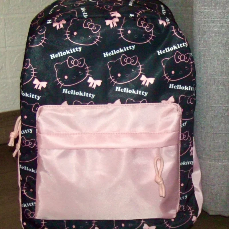 Mochila feminina com estampa Sanrio Hello Kitty, mochila escolar de grande capacidade, preta, rosa contrastante, moda coreana, bolsa kawaii, Y2k, nova