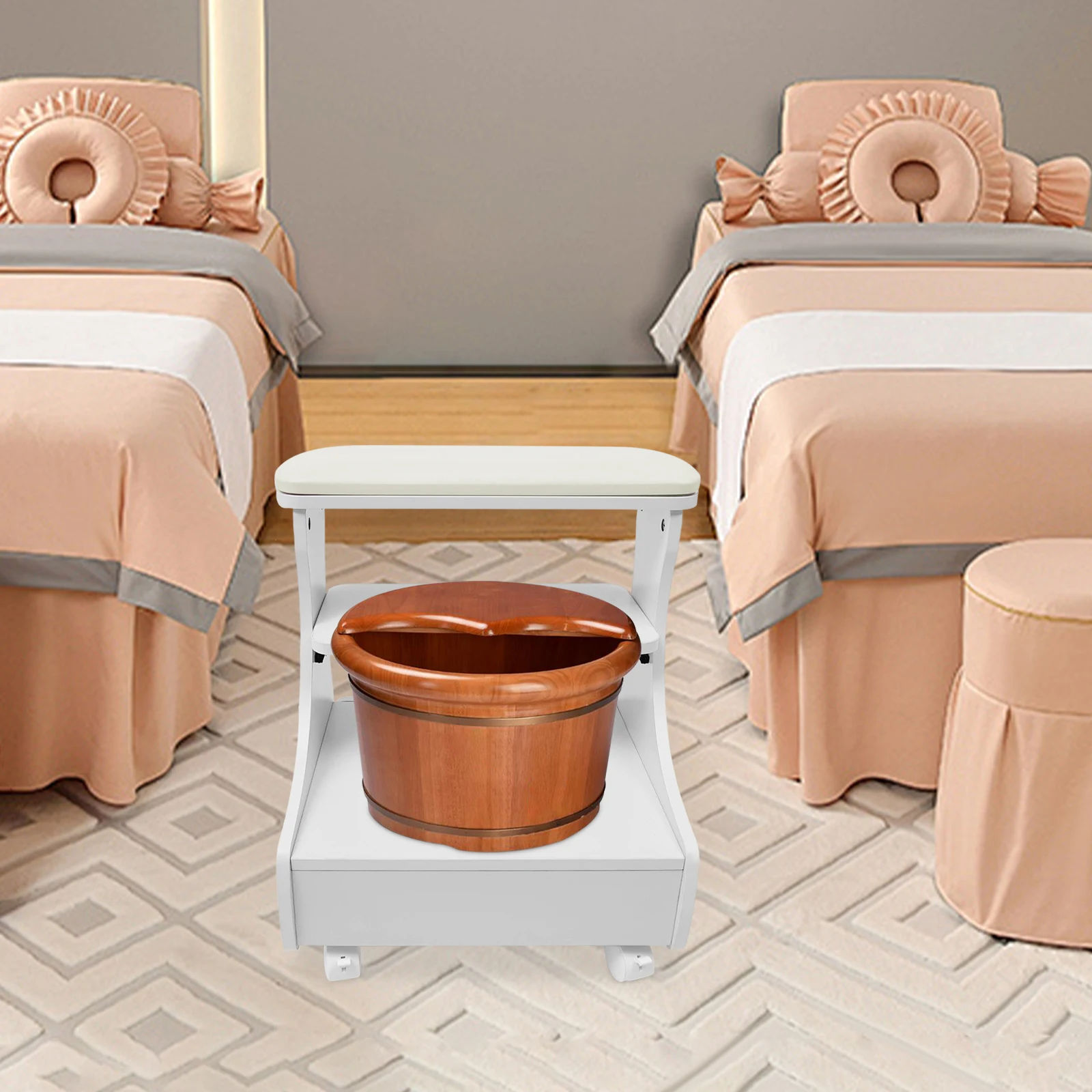 Foot Rest Pedicure Manicure Furniture, Trolley for Foot Bath, Footbath Stool with Wheels, Multi-Functional Beauty Tool (White)