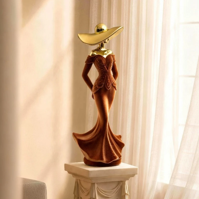 Golden Flocking Girl Decorative Figurines High-end Resin Crafts Abstract Art Figure Sculpture Light Luxury Home LivingRoom Decor