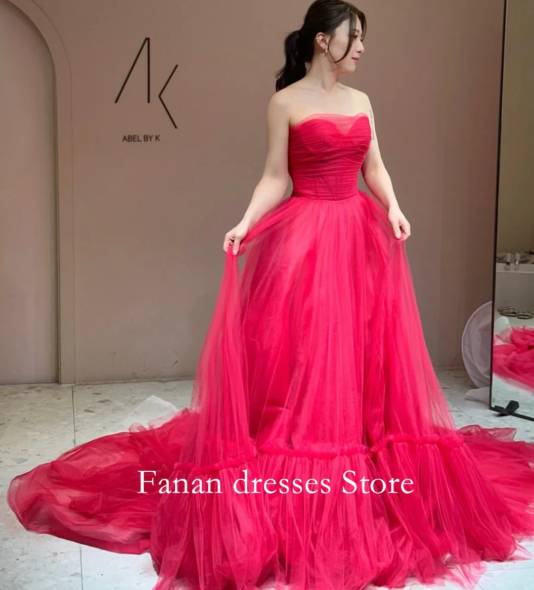 

FANAN Korea Strapless Rose Red Elegant A-Line Tulle Wedding Dresses 웨딩드레스 Pleated Ivory Customized Pretty Bride G