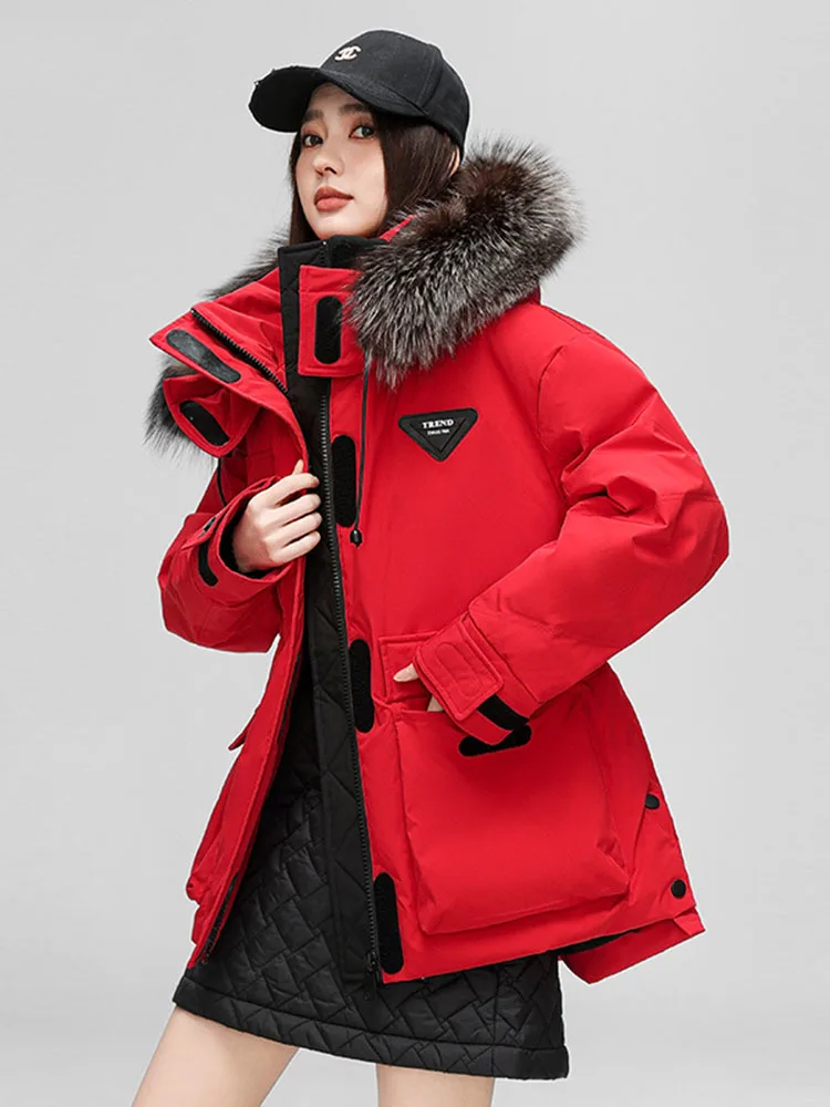 Chaqueta de plumón roja para mujer invierno 2024 chaqueta acolchada cálida y moderna con cuello de piel de zorro con capucha de longitud media a larga