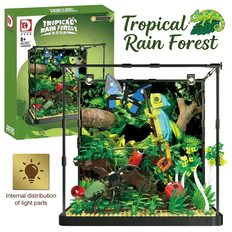 ตัวต่อบล็อกป่าฝนเขตร้อน 3 มิติ รูปสัตว์ คาเมเลียน กิ้งก่า แมลง ผีเสื้อ ด้วง ต้นไม้ ของเล่นประกอบบล็อก ของขวัญสำหรับเด็ก