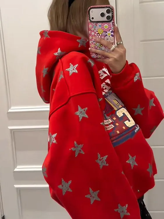 

Женская толстовка с принтом «Красная звезда», осенне-зимняя, свободного кроя, новогодний пуловер, уютный топ, хлопковая, с длинными рукавами, с капюшоном