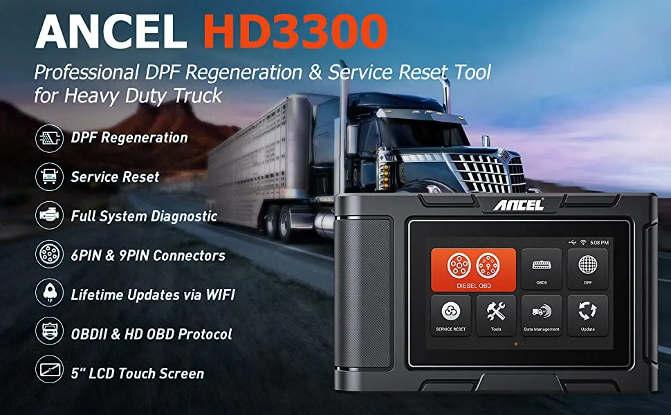 ANCEL HD3300 Truck DPF Regeneration Scan Tool Full System Heavy Duty Truck Scanner OBD2 Code Reader for Truck