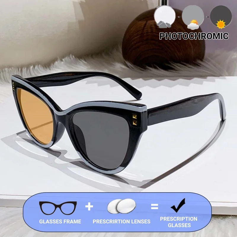 トレンドレトロキャットアイフレーム調光ブルーライトカット処方箋メガネ高級カスタムメガネ女性と男性向け