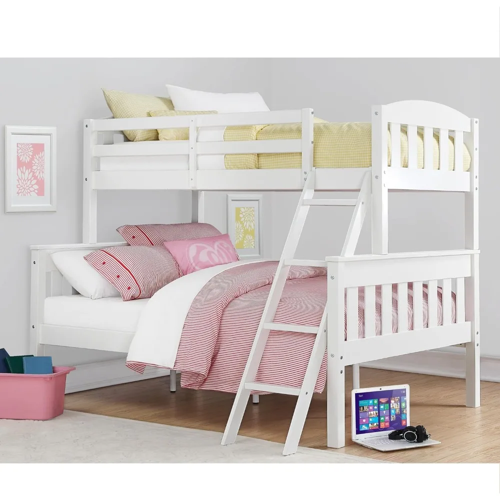 Twin over Full Bunk Bed, White, Wood Construction, Converts to Twin/Full, 4-Step Ladder, Guard Rails