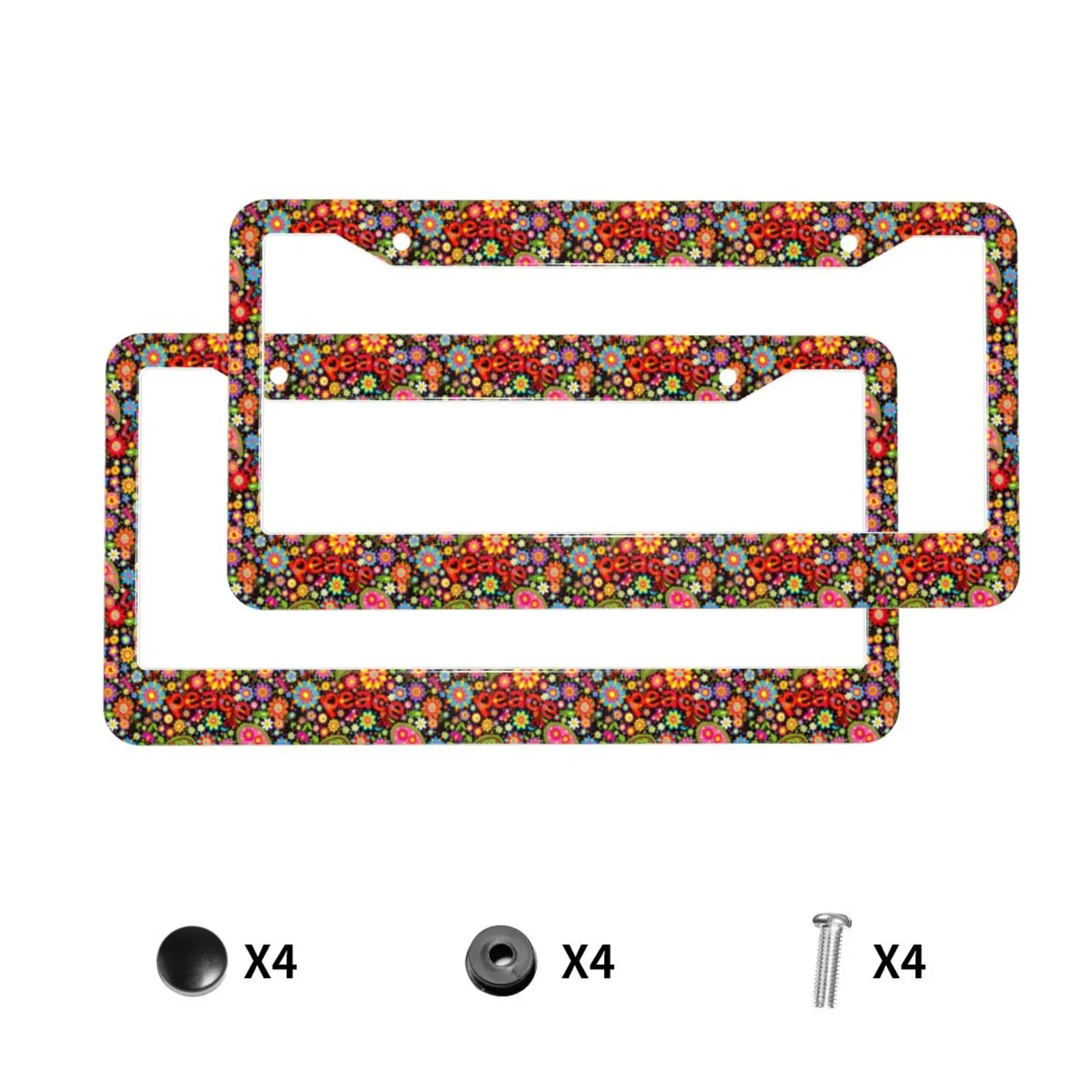 

Hippie Colorful Floral Universal Aluminum Alloy US Car License Plate Frame Cover Auto Accessory Waterproof Number Plate Holder