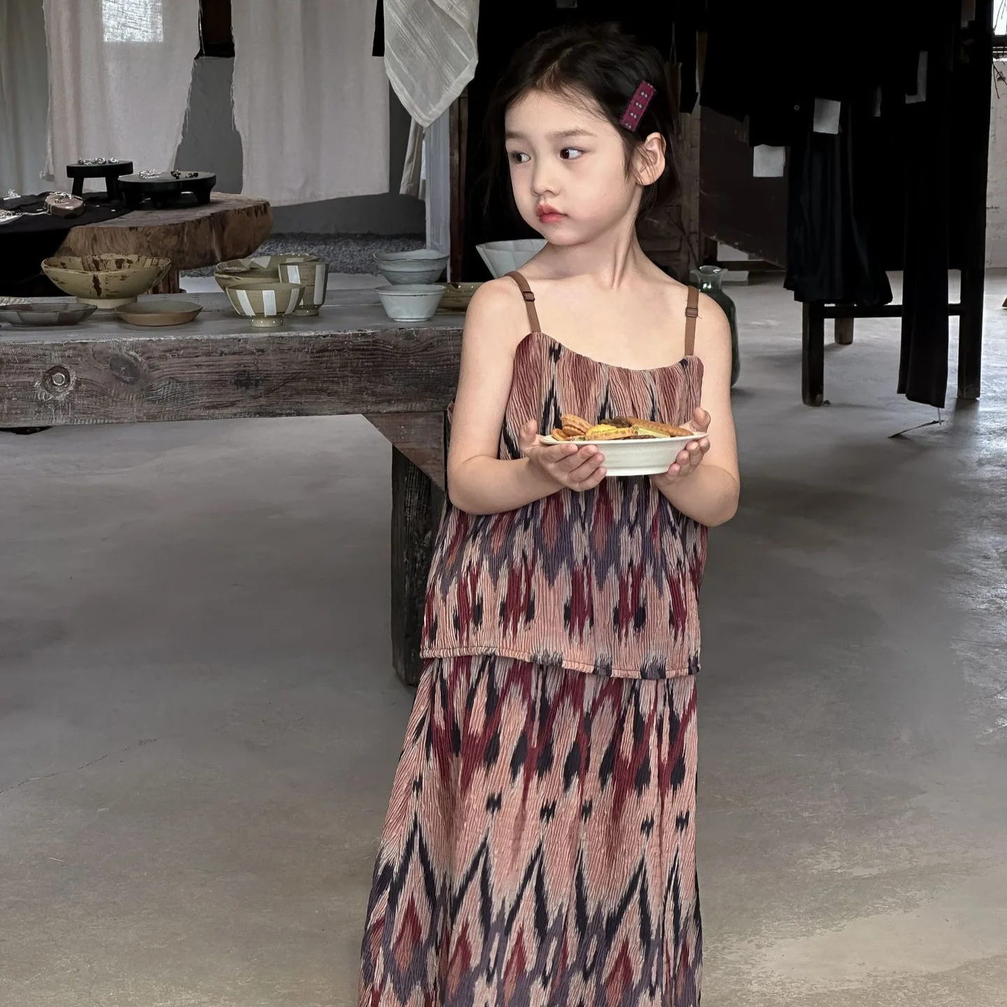 

Girls Set Korea Style 2024 Summer New Print Sleeveless Halter Top Skirts Vintage Two Piece Set Baby Fashion Kids Summer Clothes