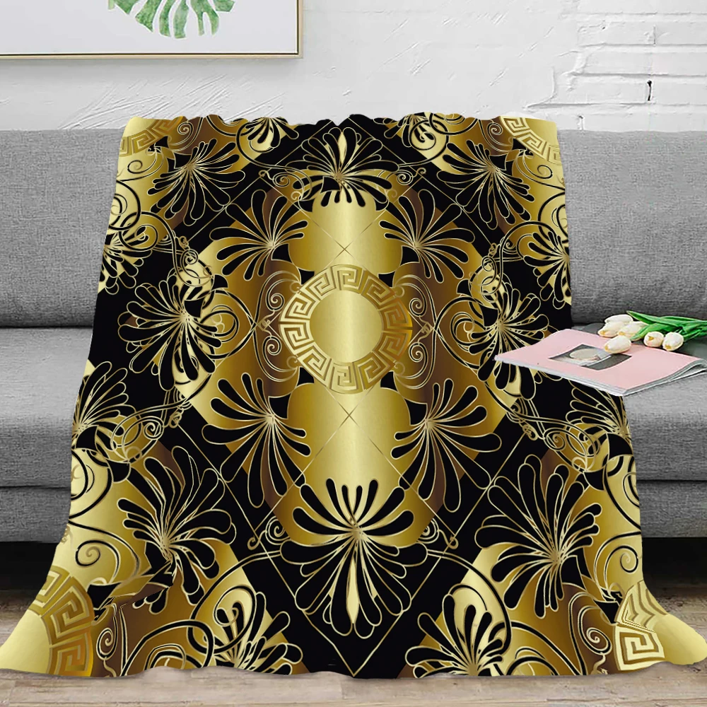 3D Luxury Black Gold Greek Key Meander Baroque Flannel Blanket Throw Soft Plush Fluffy Warm Home Decor Quilt Bedding Gift