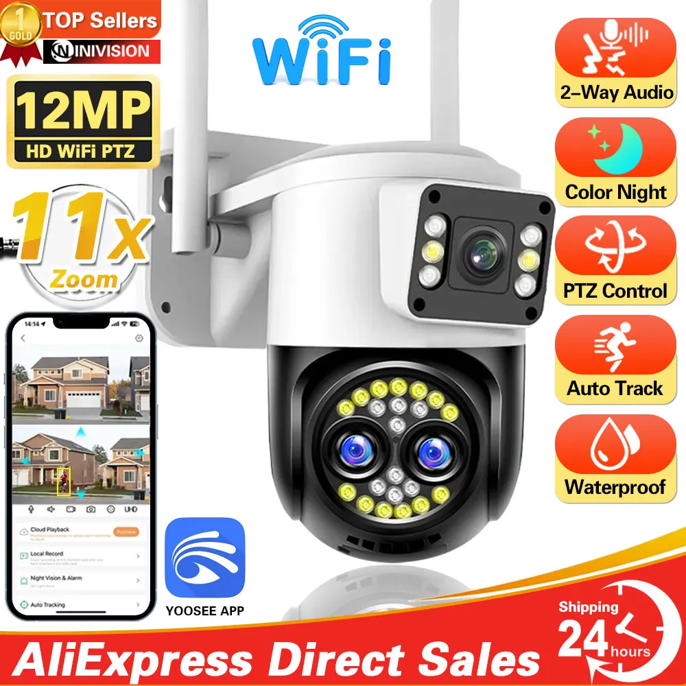 12MP 6K WiFi PTZ Camera 10X Zoom Three Lens Dual Screens Security IP Camera Waterproof Human Detection Color Night Vision ccam