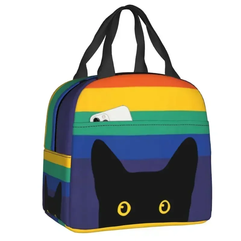 

Peeking Cat In Rainbow Circle Insulated Lunch Bag Women Leakproof LGBT Gay Pride Cooler Thermal Tote Office Work School