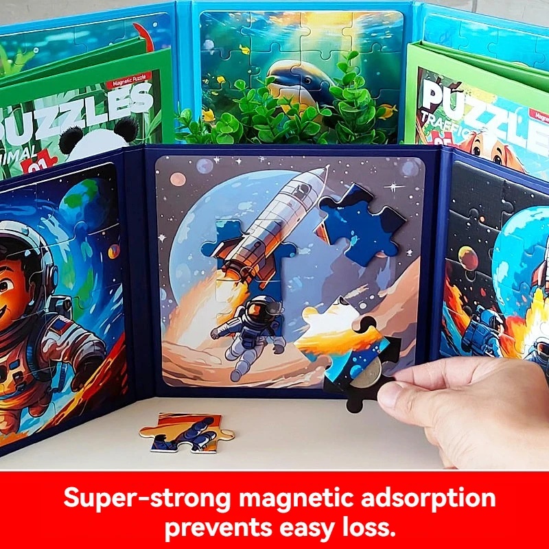 Kids Magnetic Jigsaw Puzzle Book, Reusable Magnetic Puzzles, Multiple Cartoon Themes, Early Learning Educational Toy, Portable T