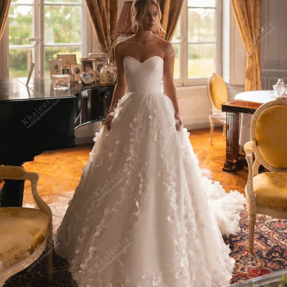 

Великолепные свадебные платья, изысканные свадебные наряды, тюлевые многоярусные платья А-силуэта, кружевные аппликации, без бретелек, Vestidos De Novia, на заказ