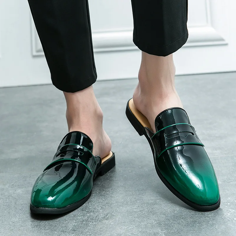 Designer Slippers Men Mules Coiffeur Patent Leather Slippers Men Half Shoes for Men Slippers Luxury Black Homens Sapatos Casuais