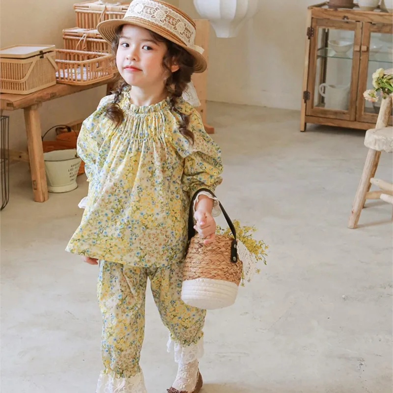 Ins Spring Children Girl 2PCS Clothes Set Floral Ruched Cotton Shirts Seven Inch Lace Edge Casual Pants Suit Toddler Girl Outfit