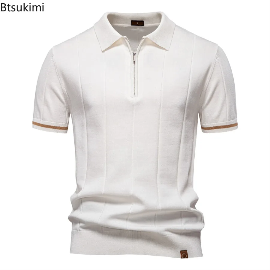 2026 Men's Solid Color Sport Zipper Polo Shirts Business Social Knitted Short Sleeve Laple Shirts for Men Summer Casual T-shirts