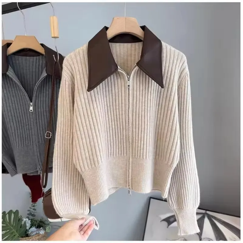 

Женский свитер, кардиган, женский осенний новый свитер, пальто, элегантный модный повседневный вязаный свитер с кожаным воротником, женское пальто