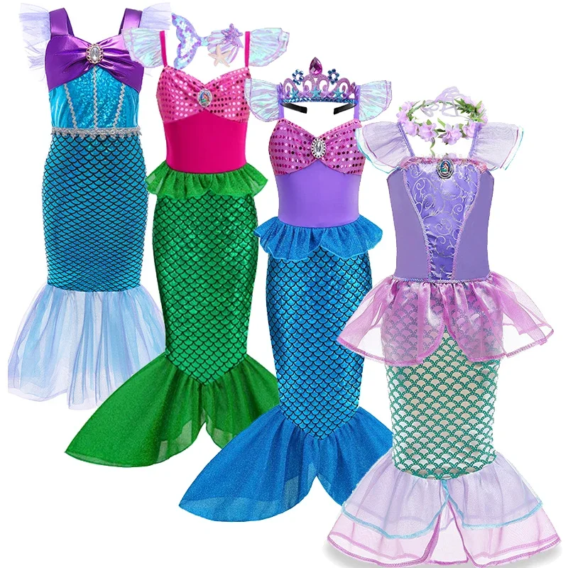 

Disney Little Mermaid Ariel Costumes for Girls Princess Dress Cosplay Halloween Carnival Kids Birthday Party Dress Up Clothing