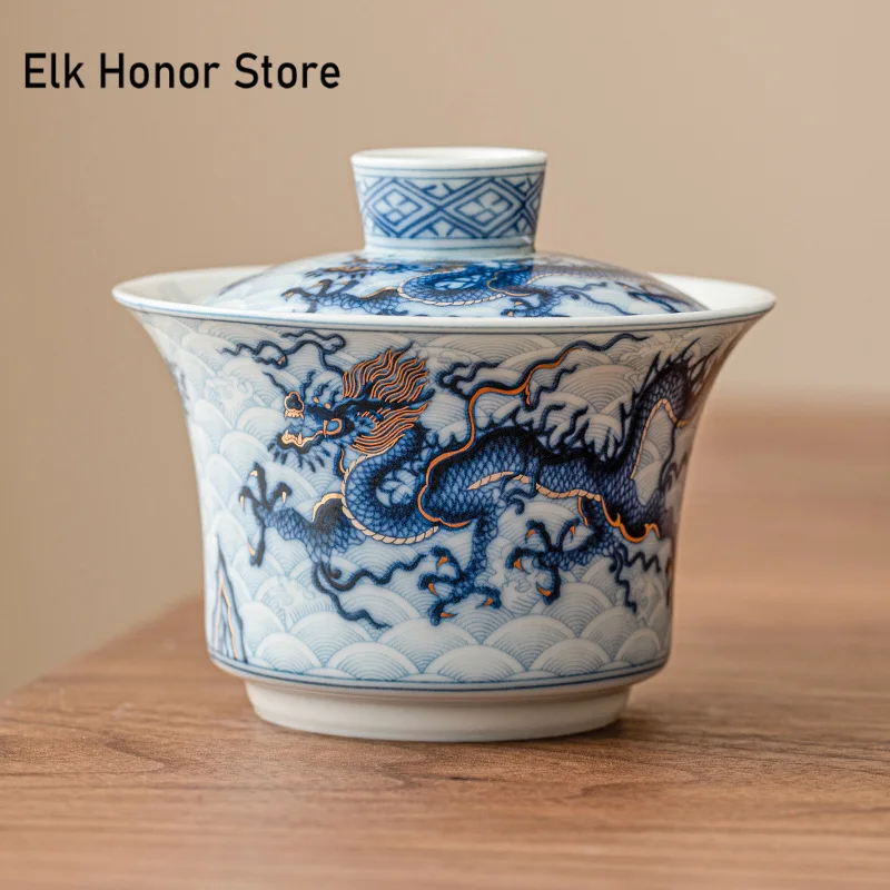 150ml Antique Gold Silver Inlaid Gaiwan Blue and White Dragon Tea Tureen Household Tea Maker Cover Bowl Tea Services Ornaments