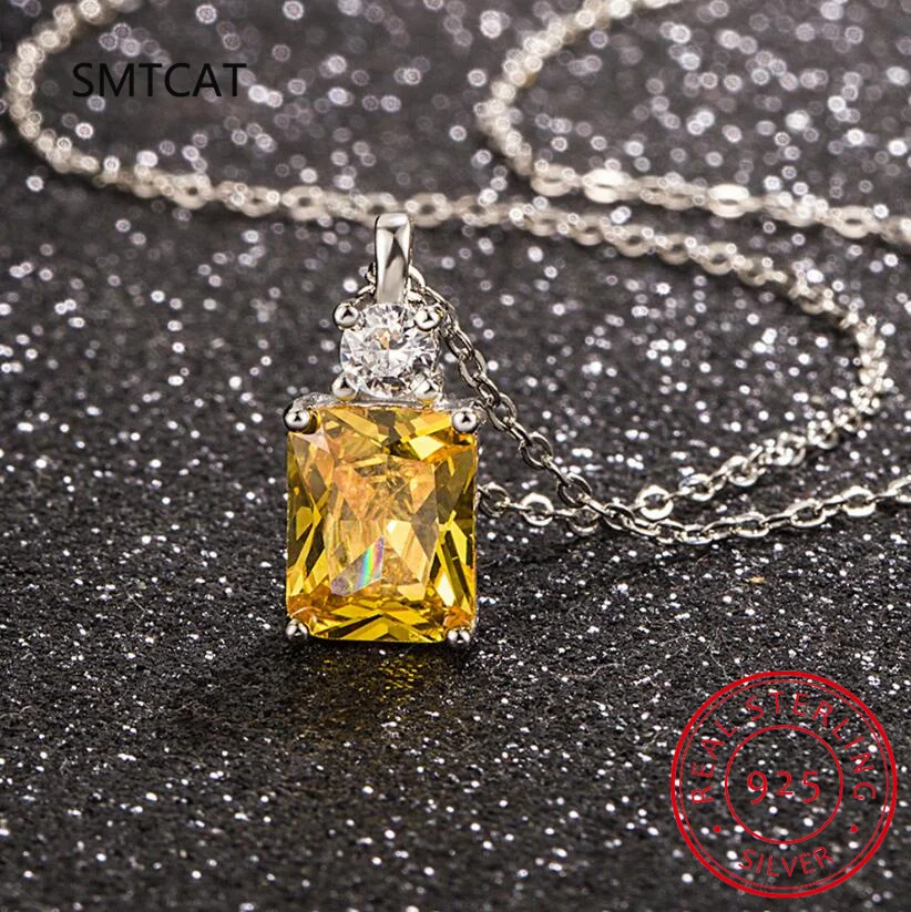 Emerald Cut Yellow Genuine Natural Citrine 925 Sterling Silver Square Pendant Necklace Gemstone Jewelry for Women Gift