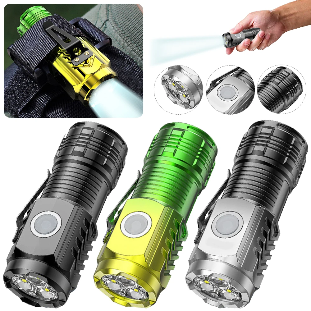 

Powerful LED Flashlight 3 Eyes Portable Working Torch USB Rechargeable Super Bright Mini Torch With Clip for Outdoor Camping