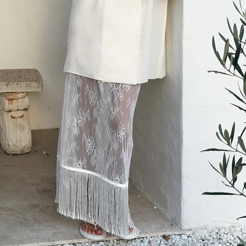 

White Sheer Mesh Tassels Long Skirts For Woman 2026 Elegant Embroidery High Waist Straight Skirts Casual Loose Skirt