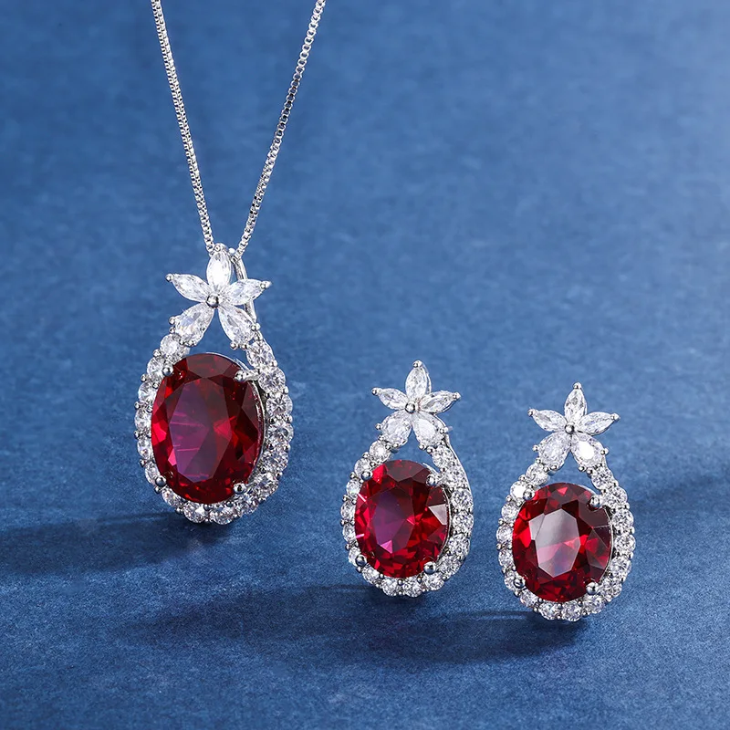 New High-end Jewelry Luxury Inlaid Red Earrings Necklace Set Earrings Main Stone 10*12 Pendant 12*16 Accessories