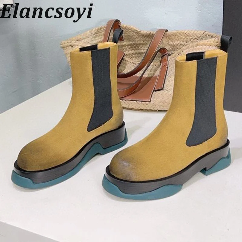 

Spring Autumn Round Toe Lacquer Leather Short Boots Women Flat Heel Solid Color Ankle Botas Waterproof Platform Chelsea Boots