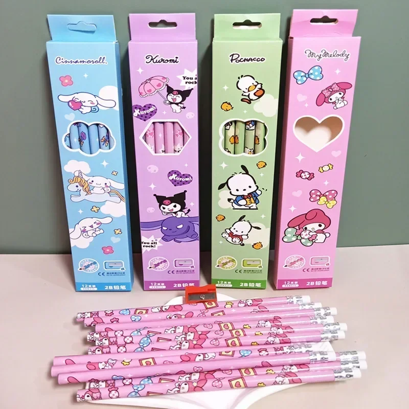 Sanrio Pencils 24/48pcs Boxed Kuromi Cinnamoroll Mixed Wooden Pencils Primary School Students Sketch Tools Writing Stationery