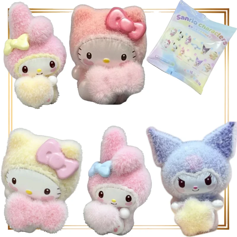 Caja ciega Sanrio Fluffy Little Baby Series auténtica, Hello Kitty Kulomi, adorno flocado, muñeca, juguetes de Anime, figuritas, regalo perímetro
