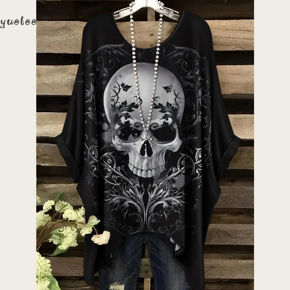 

Женская футболка 2025 года, стильная футболка с 3D принтом черепа, свободная футболка с круглым вырезом и короткими рукавами, летняя женская одежда большого размера